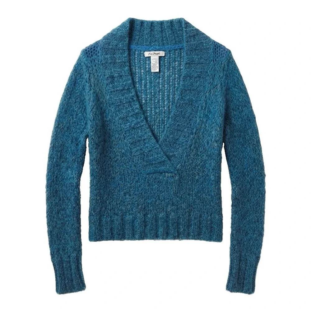 Free People Women's Size M Deep V Neck Knit Ribbed Collar Blue Pullover Sweater